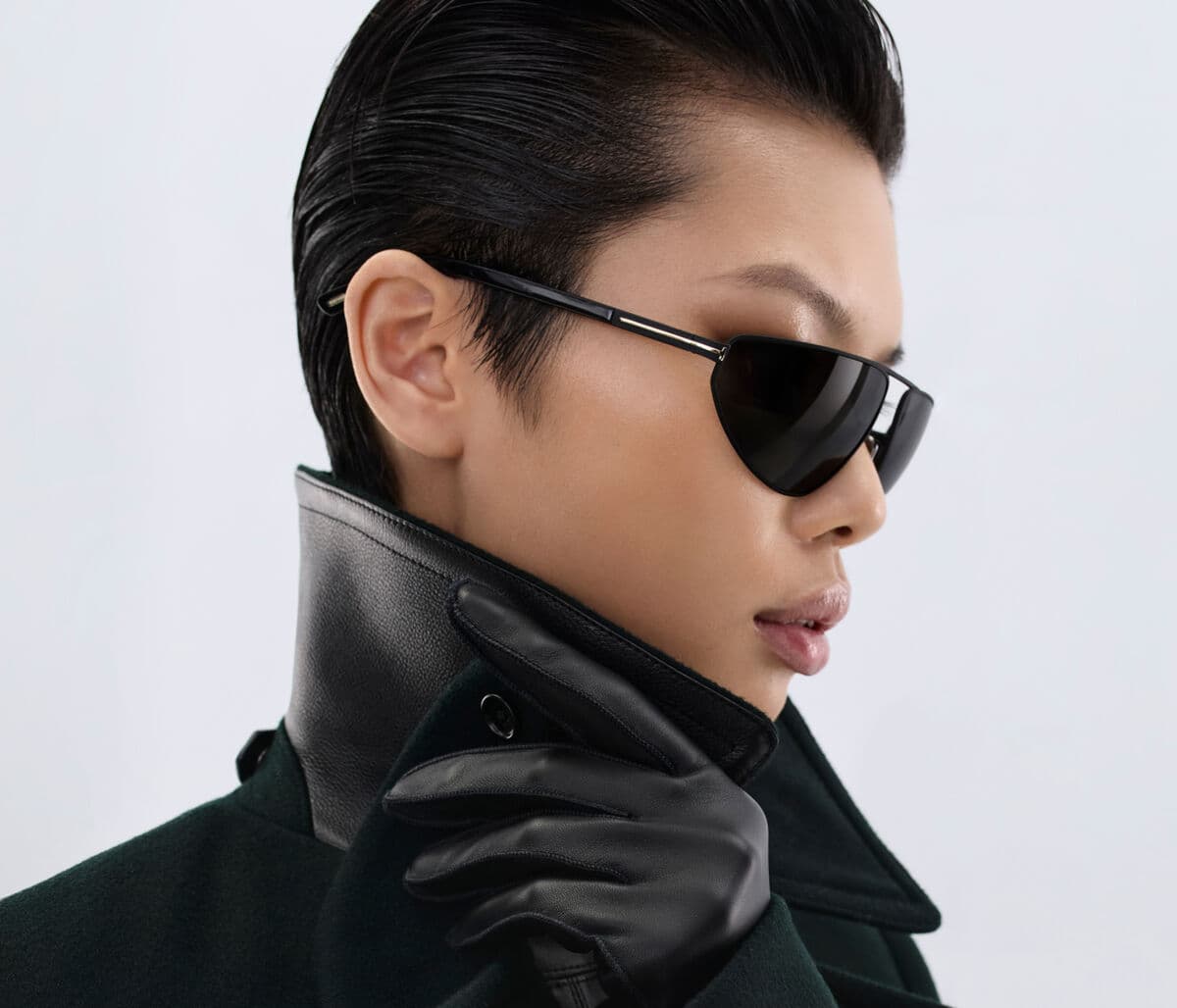 Tom Ford eyewear campaign portrait with black sunglasses